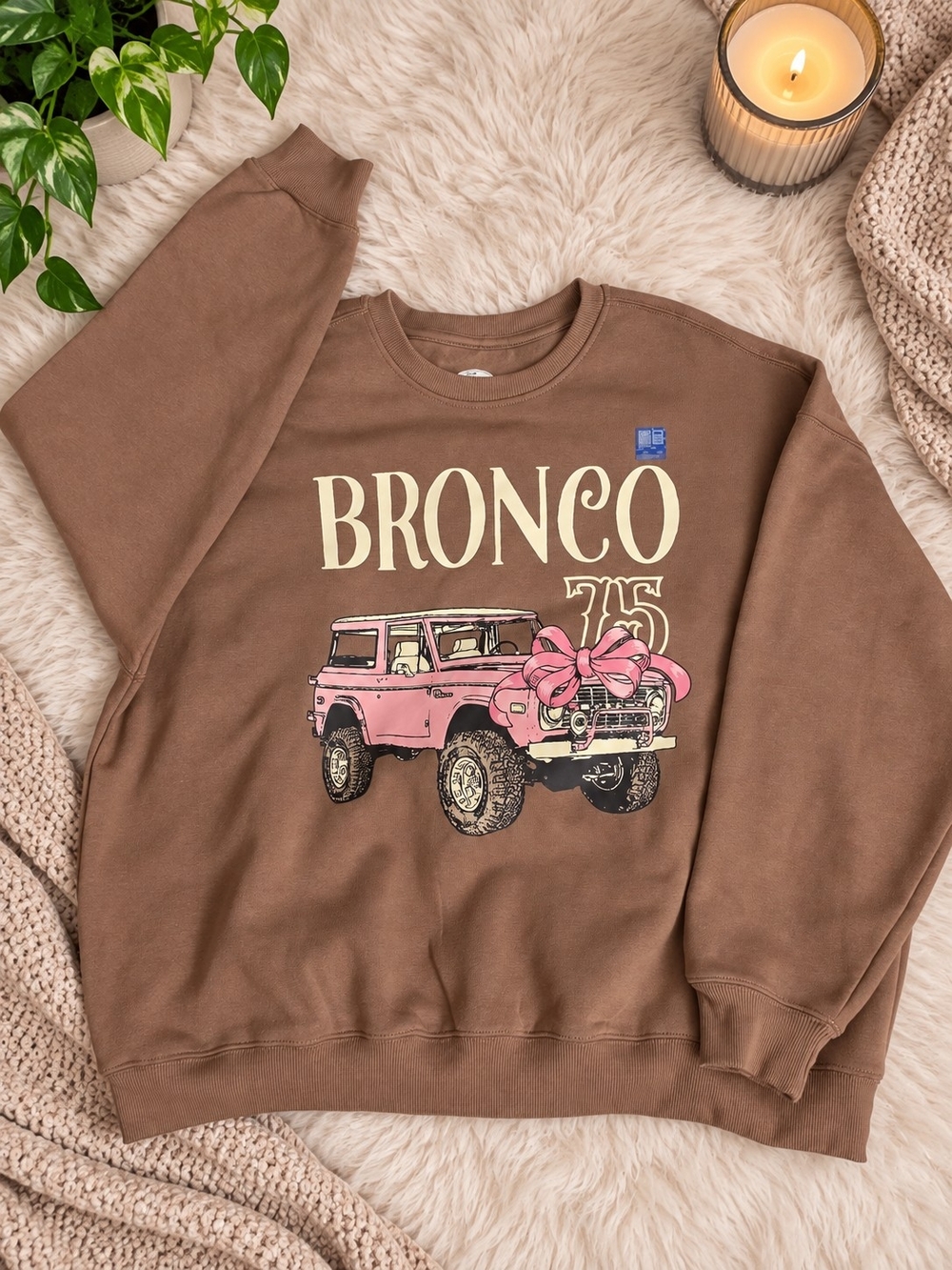 Ford Bronco 1975 Pink Bow Graphic Sweatshirt Brown Size L